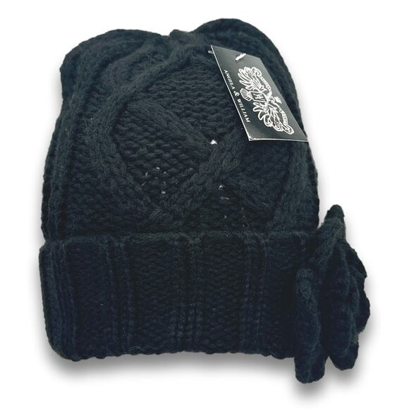 Black Thick Warm Knit Beanie Long Cuffed With Flower Accent Fall Winter Snow Hat - Picture 2 of 7